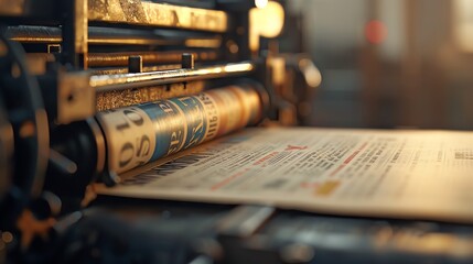 Close-up of a newspaper printing machine, photorealistic, mechanical and detailed,