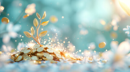 A low angle shot of lush money trees with glistening coins in a detailed 3D illustration, symbolizing growth and success.