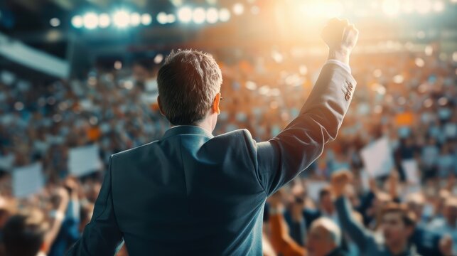 A charismatic politician delivers a rousing speech to a cheering crowd.