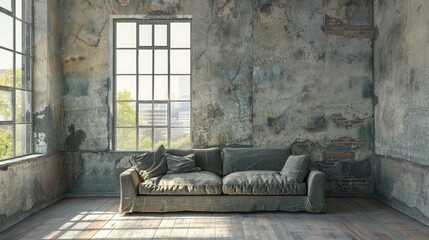 Worn wall and window with a gray sofa