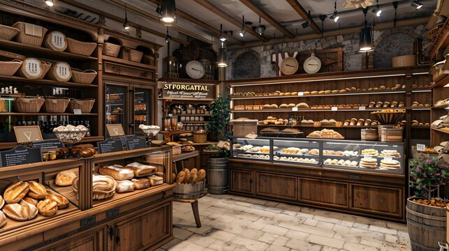 A well-stocked bakery with wooden shelves and displays filled with various loaves of bread and pastries
