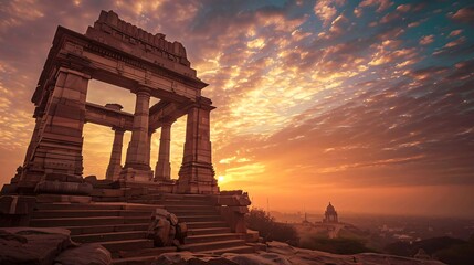 A large, ancient stone structure with columns stands on a hilltop, overlooking a city at sunset. The sky is filled with vibrant colors, from deep orange to purple