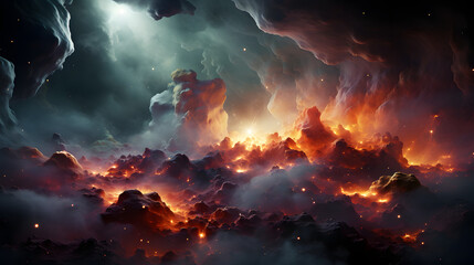 Fototapeta premium A fiery, apocalyptic landscape with glowing embers, volcanic peaks, and billowing smoke clouds. The scene evokes feelings of intense heat and destruction.