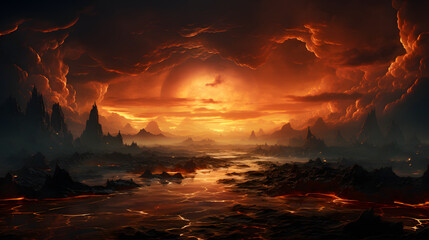 A fiery sunset casts an orange glow over a desolate, volcanic landscape. Silhouetted mountains rise up from a cracked, molten river that winds through the barren terrain.