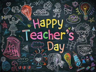 A chalkboard with "Happy Teacher's Day" written in colorful chalk surrounded by educational drawings and symbols capturing the celebratory mood