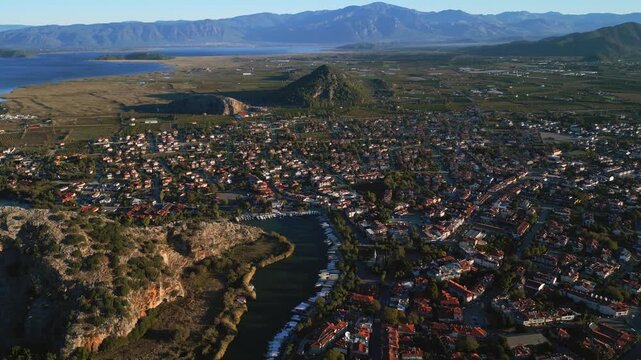 Stunning Aerial Drone Footage of Dalyan, Turkey with River and Mountains 