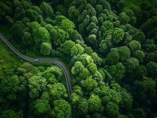 Aerial View of Lush Green Forest with Winding Road Cutting Through the Canopy