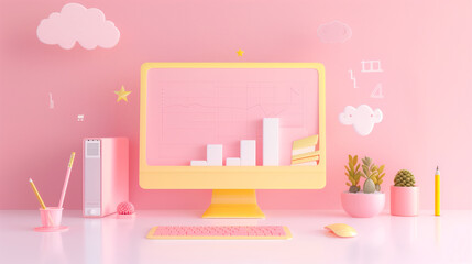 Pink Themed Workspace with Computer and Desk Accessories