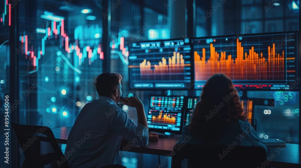 Poster two stock traders analyzing market data on multiple monitors in a modern office with financial chart