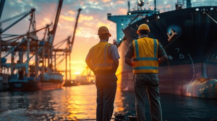 Two workers in safety vests and helmets overseeing a ship at industrial port during sunset with cranes in the background.
