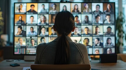 Woman attending a large virtual conference on her computer, with multiple participant screens visible, representing remote work and online communication.