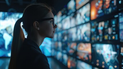Woman with glasses analyzing multiple digital screens in a high-tech environment, showcasing technology and innovation.