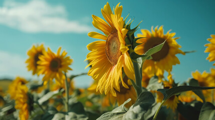 夏のひまわり畑と青空