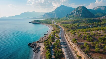 Beach highway in Turkey, surrounded by green nature and mountains. Ideal for a summer vacation adventure.