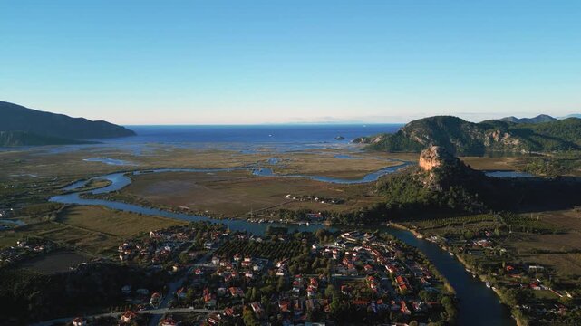 Stunning Aerial Drone Footage of Dalyan, Turkey with River and Mountains 