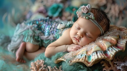 Newborn in a mermaid outfit, sleeping on a shell prop with an underwater-themed background.