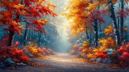A vibrant autumn forest scene with colorful leaves falling, a winding path through the trees, and soft sunlight filtering through the branches