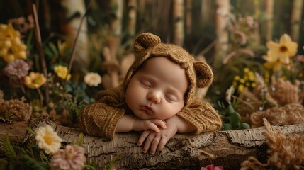Newborn in a tiny bear costume, sleeping on a log with a forest-themed backdrop.