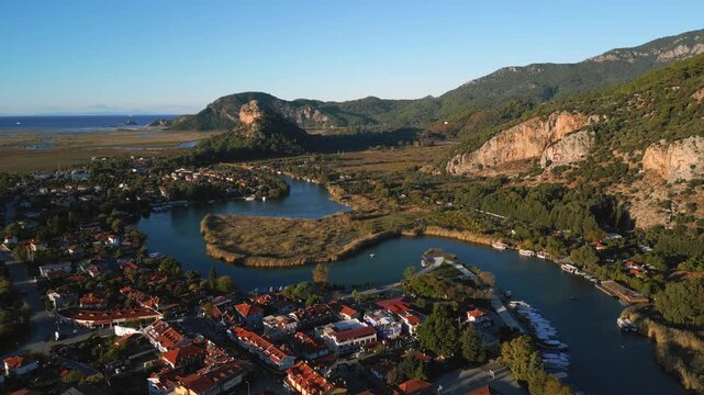 Stunning Aerial Drone Footage of Dalyan, Turkey with River and Mountains 