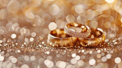 Fototapeta premium Designer wedding rings against a sparkling glitter backdrop, with selective focus and ample space for copy in a panoramic format.