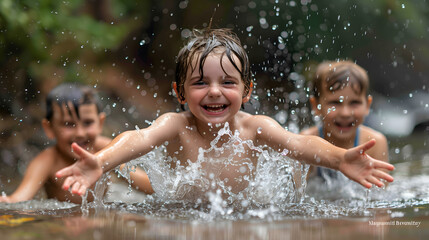 Obraz premium Beautiful and clear images of children playing in the rain. Splash water in the puddles with pure fun.