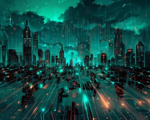 Futuristic Smart Cyber City illustration: Innovative Urban Landscape, futuristic technology and cyber punk concept, Graphic Resources, Wallpapers, Brochure, Websites, banner, Advertising, background