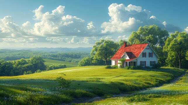 A tranquil countryside view featuring rolling green hills, a charming farmhouse, and a clear blue sky dotted with fluffy white clouds