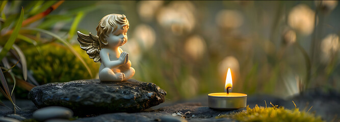 Little ceramic angel sits on a rock praying to a burning tea light, background image for mourning...