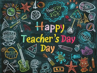A chalkboard with "Happy Teacher's Day" written in colorful chalk surrounded by educational drawings and symbols capturing the celebratory mood
