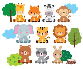 Cute wild baby forest animals vector illustration set including a lion, tiger, giraffe, fox, zebra, monkey, elephant, bear, raccoon, and rabbit.