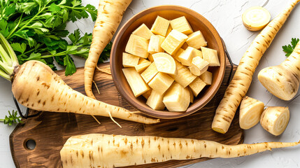 Parsnip pieces filled in bowl placed on chopping board, fresh parsnips outside, top angle