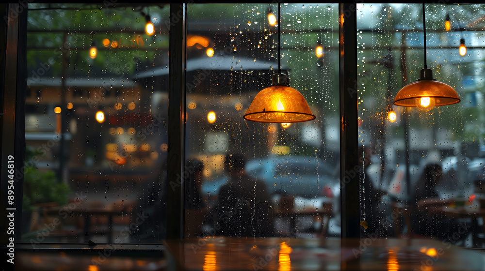 Poster beautiful picture and frame of a warm cafe window with raindrops creating a soothing pattern on the 