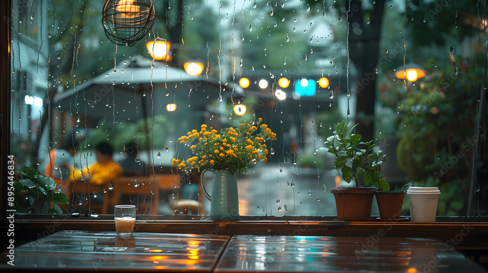 Poster beautiful picture and frame of a warm cafe window with raindrops creating a soothing pattern on the 