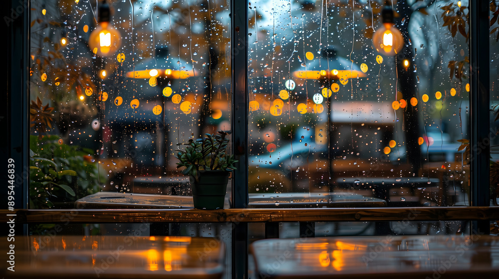 Poster beautiful picture and frame of a warm cafe window with raindrops creating a soothing pattern on the 