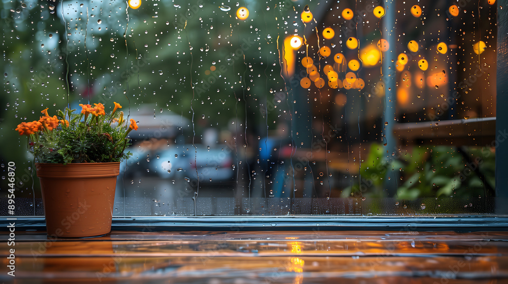Poster beautiful picture and frame of a warm cafe window with raindrops creating a soothing pattern on the 
