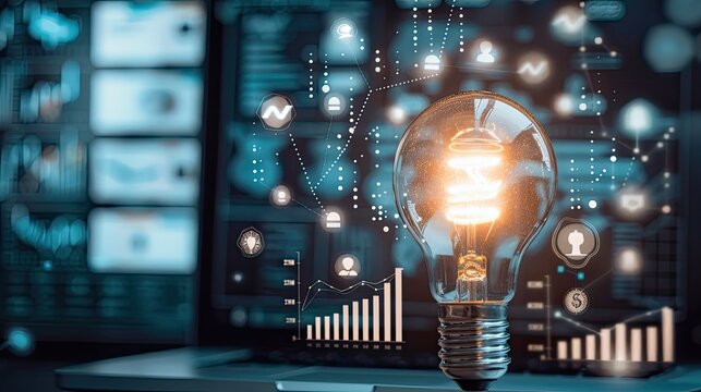 A lightbulb with financial icons and graphs surrounding it, representing business ideas