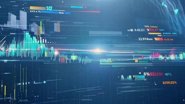 Vibrant financial charts and graphs float in a blue-tinted virtual space. Colorful bars, lines, and data points pulse with energy, displaying real-time market trends and analytics.	
