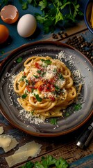 Delicious Spaghetti Carbonara with Pancetta and Parmesan on Rustic Wooden Table featuring Fresh Ingredients and Even Lighting