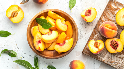 Peach slices filled in bowl placed on chopping board, fresh peaches outside, top angle