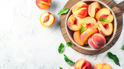 Peach slices filled in bowl placed on chopping board, fresh peaches outside, top angle