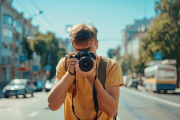 Young man photographer takes photographs with dslr camera in a city,