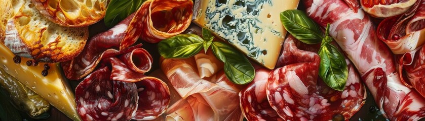 Vibrant Realistic Painting of Gourmet Deli Meats and Cheeses with Fresh Herbs in Close-Up View