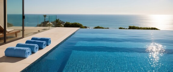 Fototapeta premium A serene infinity pool scene overlooking the ocean, perfect for relaxation and summer getaways