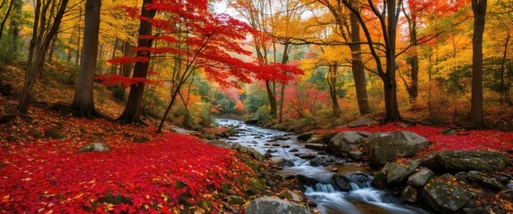 A serene autumn landscape featuring vibrant red, orange, and yellow leaves along a flowing river, perfect for nature lovers and outdoor activities