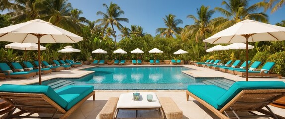 A serene tropical pool scene featuring lounge chairs and umbrellas, perfect for vacations and relaxation in a luxury resort setting