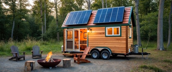 A cozy tiny house with solar panels beside a campfire, set in serene nature, perfect for outdoor getaways and eco friendly living