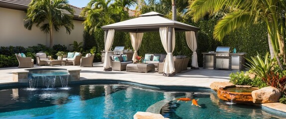 A serene outdoor retreat featuring a stylish gazebo and luxurious pool, perfect for relaxation, gatherings, and summer fun