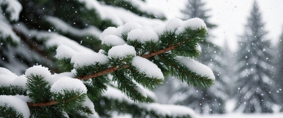A serene winter scene featuring a snow covered pine branch, evoking a tranquil atmosphere perfect for holiday celebrations