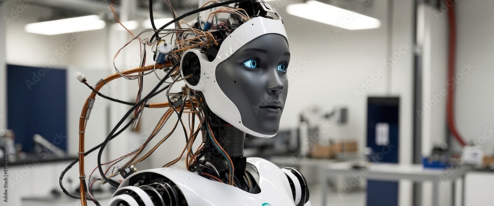 Poster a futuristic humanoid robot showcasing advanced technology and engineering in a modern laboratory se