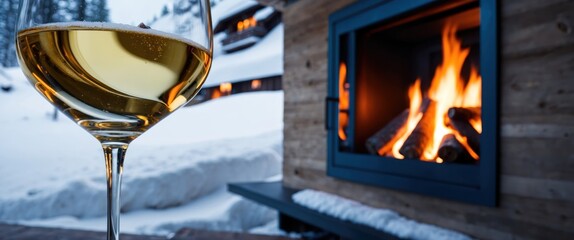 A cozy winter scene featuring a glass of wine by a warm fireplace, perfect for relaxation and festive celebrations in a snowy retreat